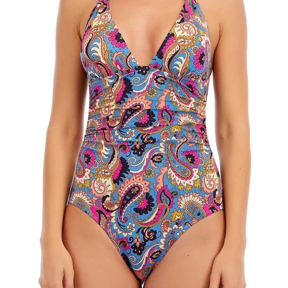 Lucky Brand Sz S Blue Boho Paisley One Piece Women's Swimsuit Bathing Suit NWF